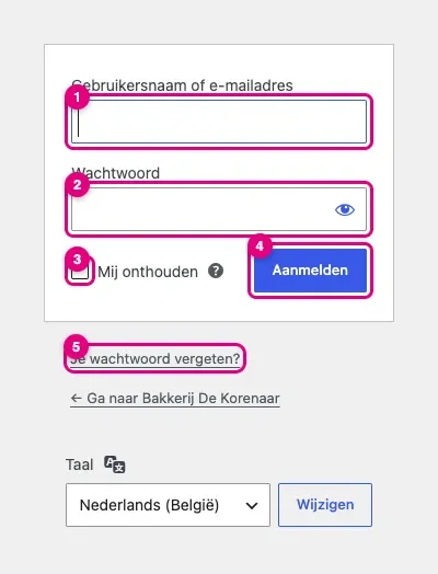 Het WordPress-inlogscherm met de velden gebruikersnaam en wachtwoord, het vakje Mij onthouden, de knop Aanmelden en de link Je wachtwoord vergeten?