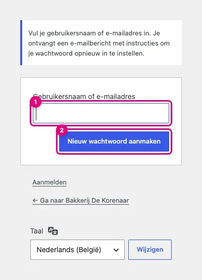 Het scherm Wachtwoord vergeten met een veld voor gebruikersnaam of e-mailadres en de knop Nieuw wachtwoord aanmaken