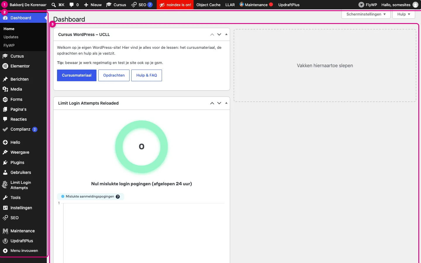 Het WordPress-dashboard met de zwarte bovenbalk, het linkermenu en de werkruimte met blokken