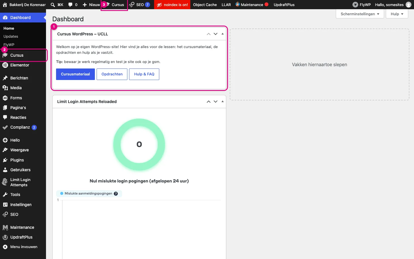 Het dashboard met het blok Cursus WordPress – UCLL, het menu-item Cursus links en het item Cursus in de bovenbalk gemarkeerd