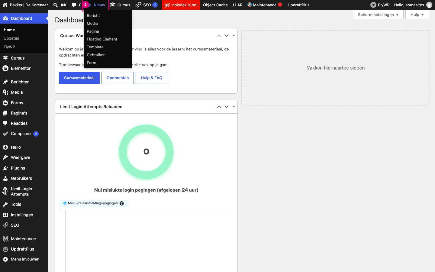 Het uitgeklapte menu Nieuw met de keuzes Bericht, Media, Pagina, Floating Element, Template, Gebruiker en Form