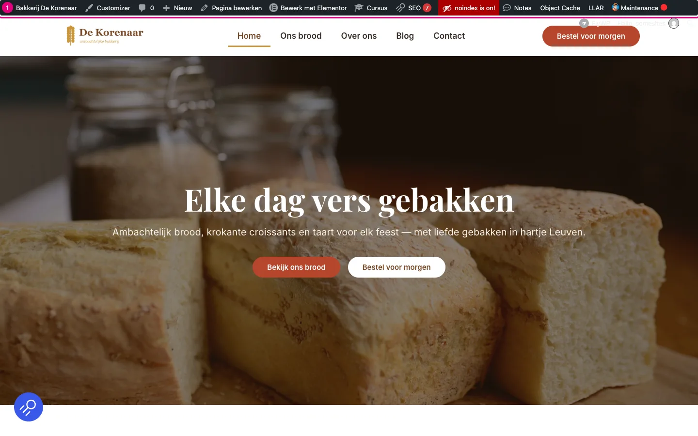 De homepage van Bakkerij De Korenaar met bovenaan de zwarte WordPress-bovenbalk