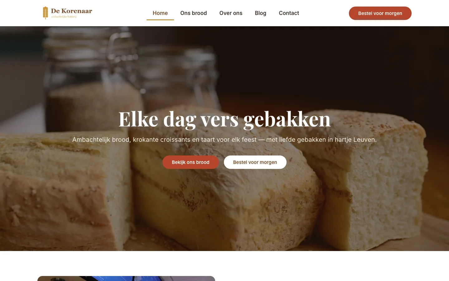 De homepage van Bakkerij De Korenaar zoals een bezoeker ze ziet, zonder bovenbalk