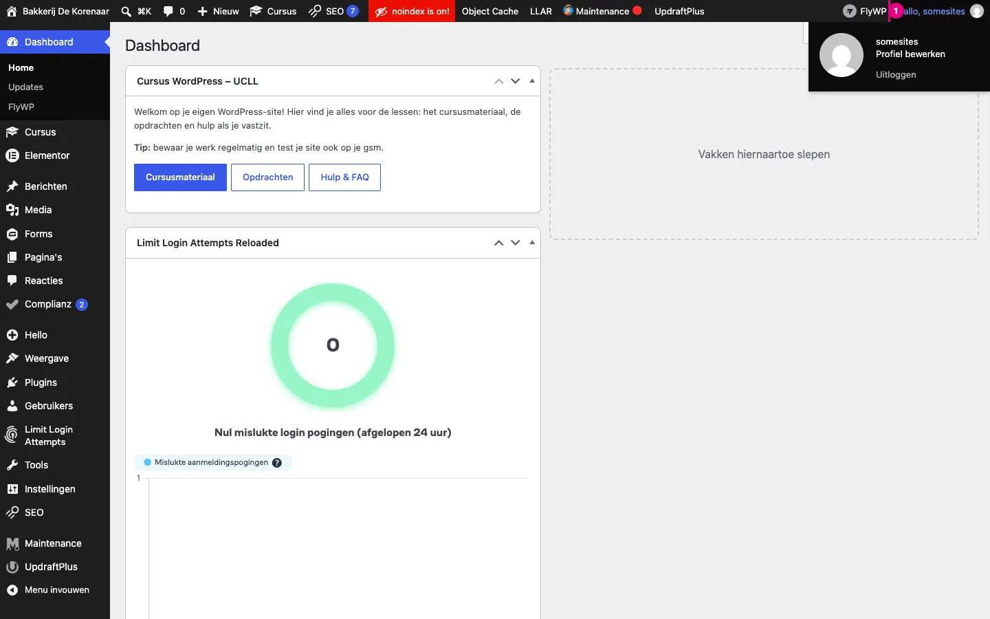 Het uitgeklapte accountmenu rechtsboven met Profiel bewerken en Uitloggen