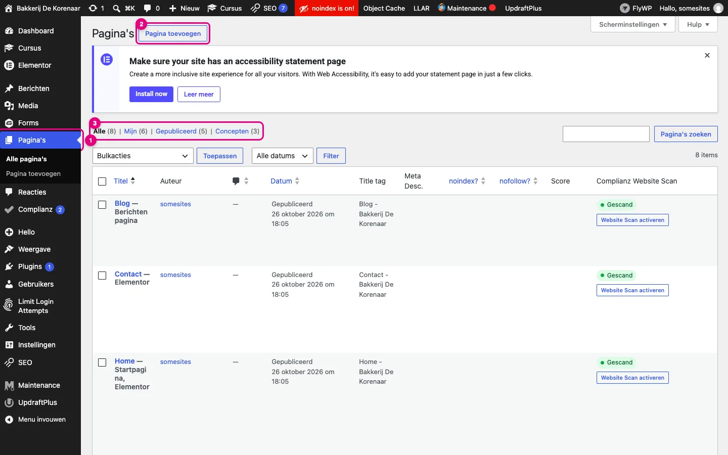 De lijst met pagina's met de knop Pagina toevoegen en de filters Alle, Mijn, Gepubliceerd en Concepten