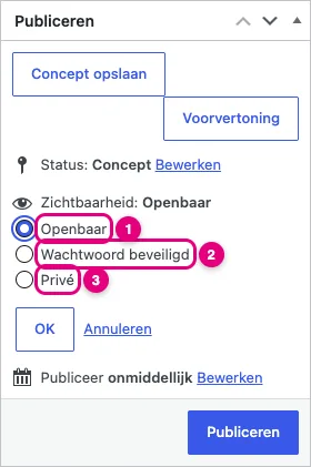 Het vak Publiceren met de uitgeklapte keuzes Openbaar, Wachtwoord beveiligd en Privé