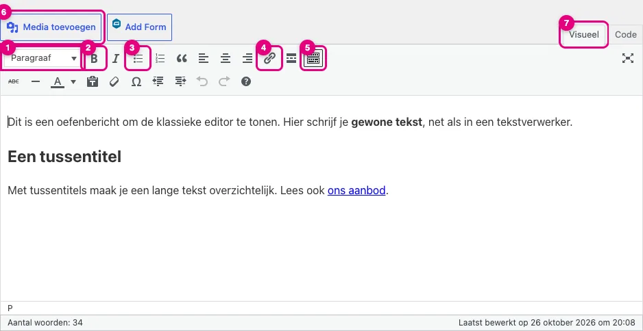 De werkbalk van de klassieke editor met genummerde knoppen: Paragraaf, Vet, Opsommingslijst, Link, Uitgebreide werkbalk, Media toevoegen en het tabblad Visueel