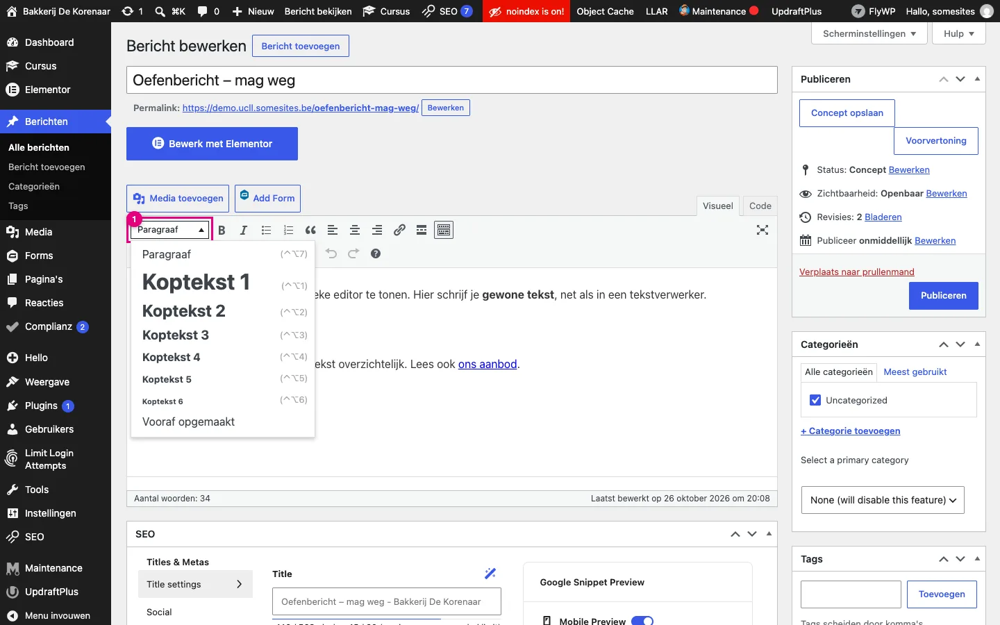 De uitgeklapte keuzelijst Paragraaf met Koptekst 1 tot Koptekst 6 en Vooraf opgemaakt