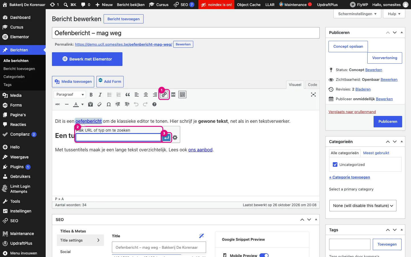 Een geselecteerd woord in de editor met daaronder het venstertje om een webadres te plakken