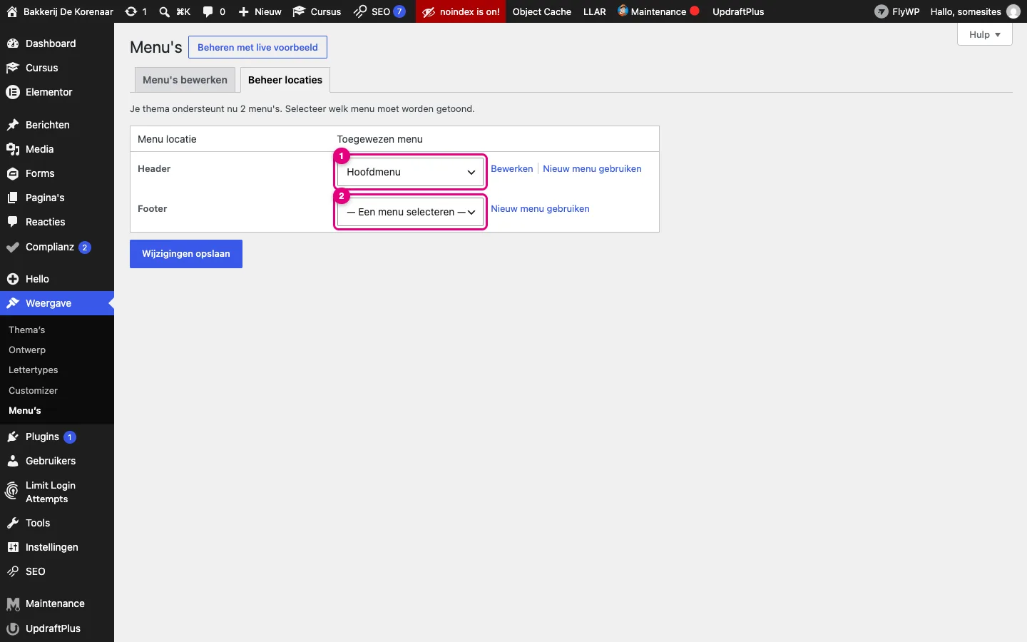 Het tabblad Beheer locaties met de locaties Header en Footer en het toegewezen menu