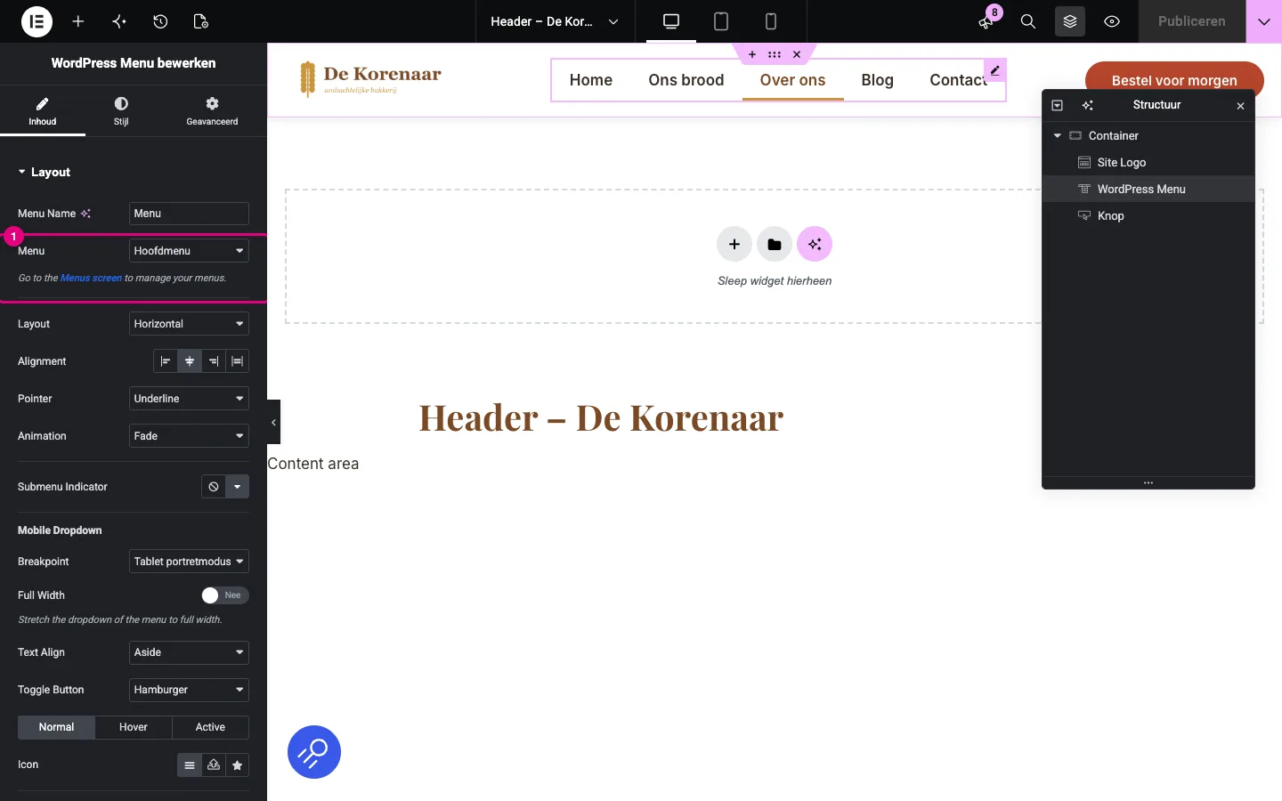 De Elementor-editor met de header van De Korenaar, waarin de widget WordPress Menu geselecteerd is en links bij Menu de keuze Hoofdmenu staat