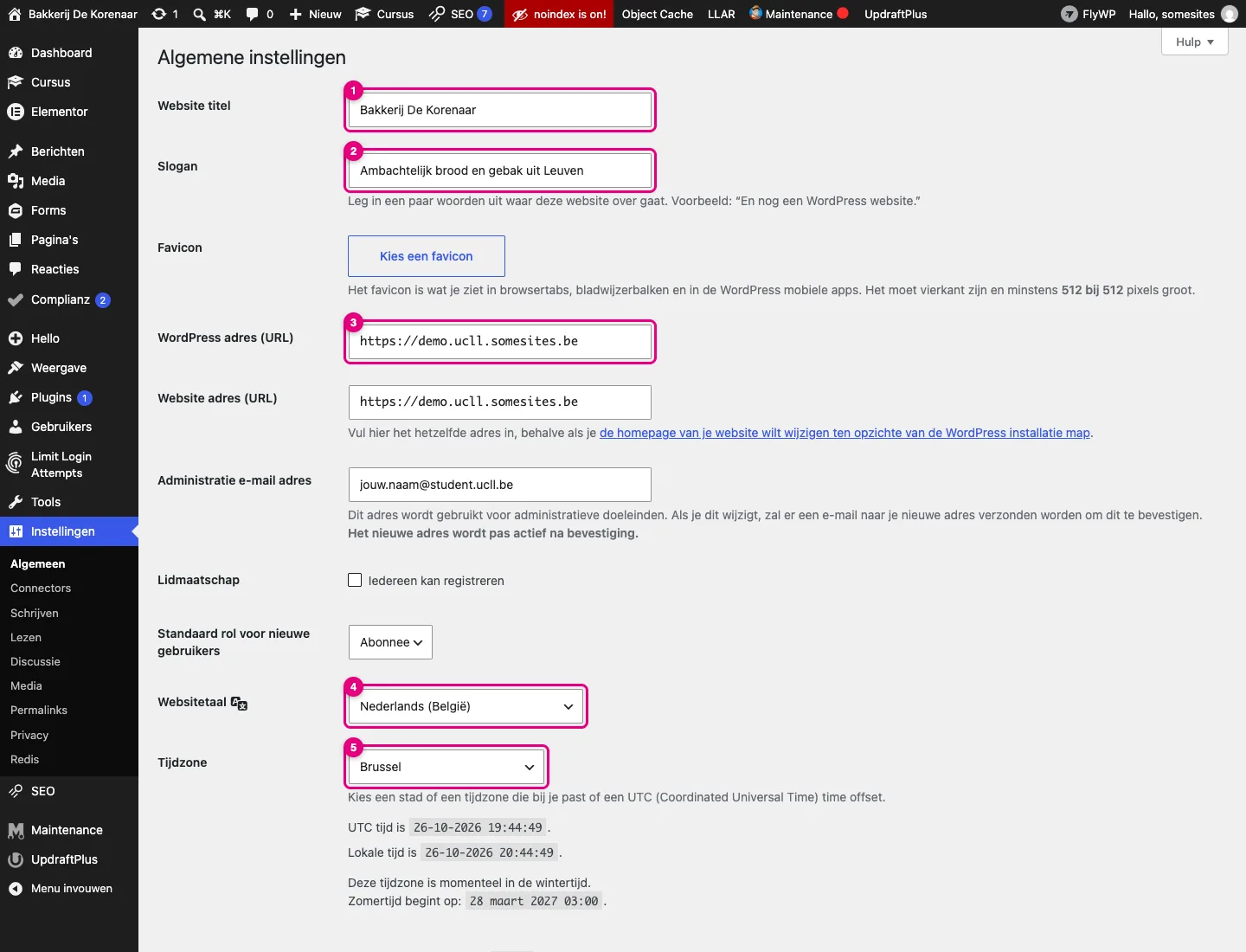 Het scherm Algemene instellingen met de velden Website titel, Slogan, WordPress adres, Websitetaal en Tijdzone
