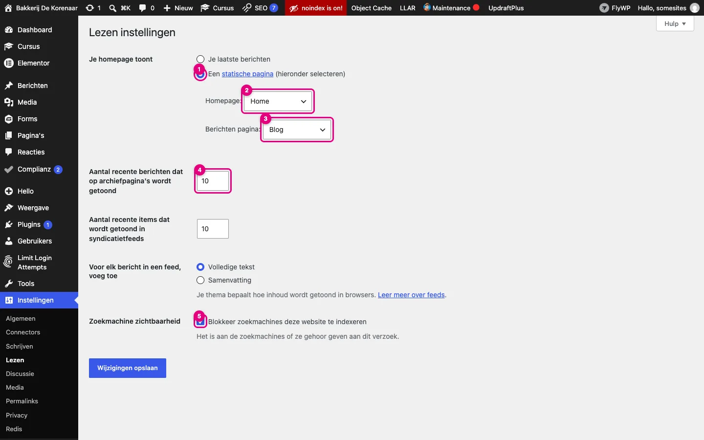 Het scherm Lezen instellingen met de keuze Een statische pagina, Home als homepage, Blog als berichtenpagina en het aangevinkte vakje om zoekmachines te blokkeren