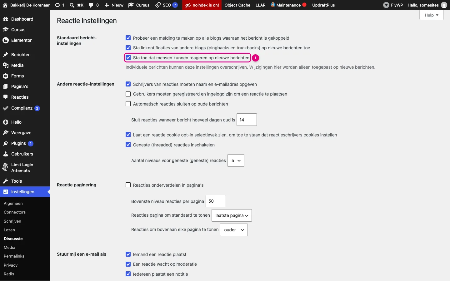 Het scherm Reactie instellingen met het vakje Sta toe dat mensen kunnen reageren op nieuwe berichten gemarkeerd