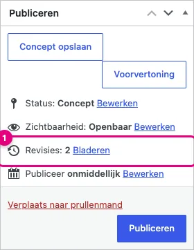 Het vak Publiceren van een bericht met de regel Revisies: 2 Bladeren gemarkeerd