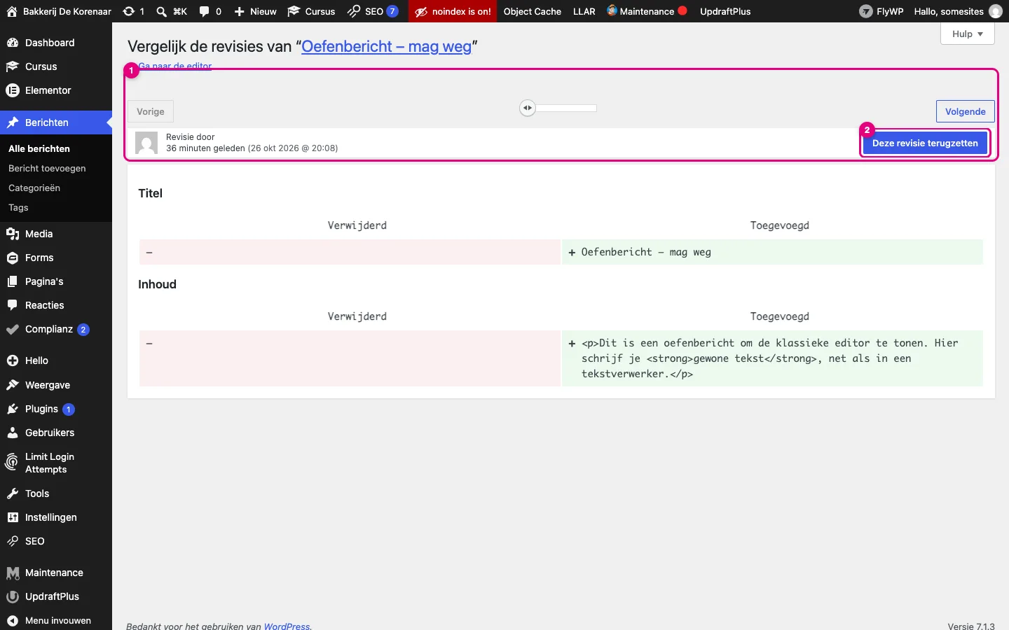 Het scherm Vergelijk de revisies met een schuifbalk, de knoppen Vorige en Volgende en de knop Deze revisie terugzetten