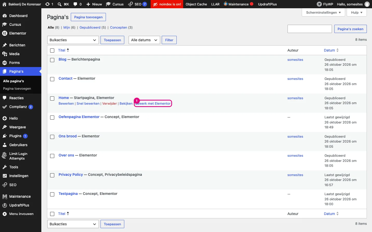 Lijst met pagina's in het dashboard, met de link Bewerk met Elementor onder de pagina Home gemarkeerd