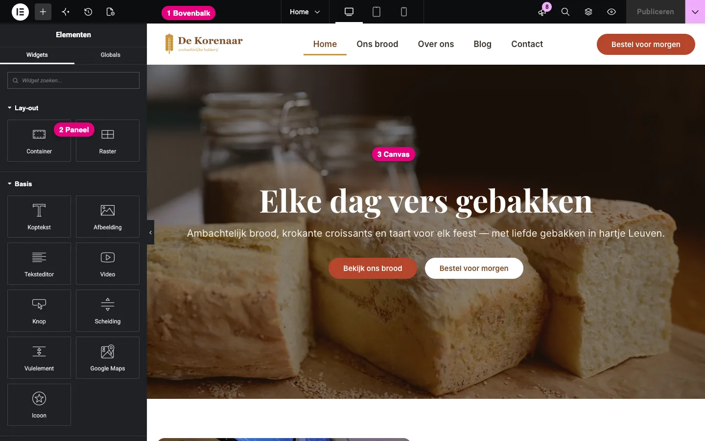 De Elementor-editor met de bovenbalk, het paneel links en het canvas rechts aangeduid