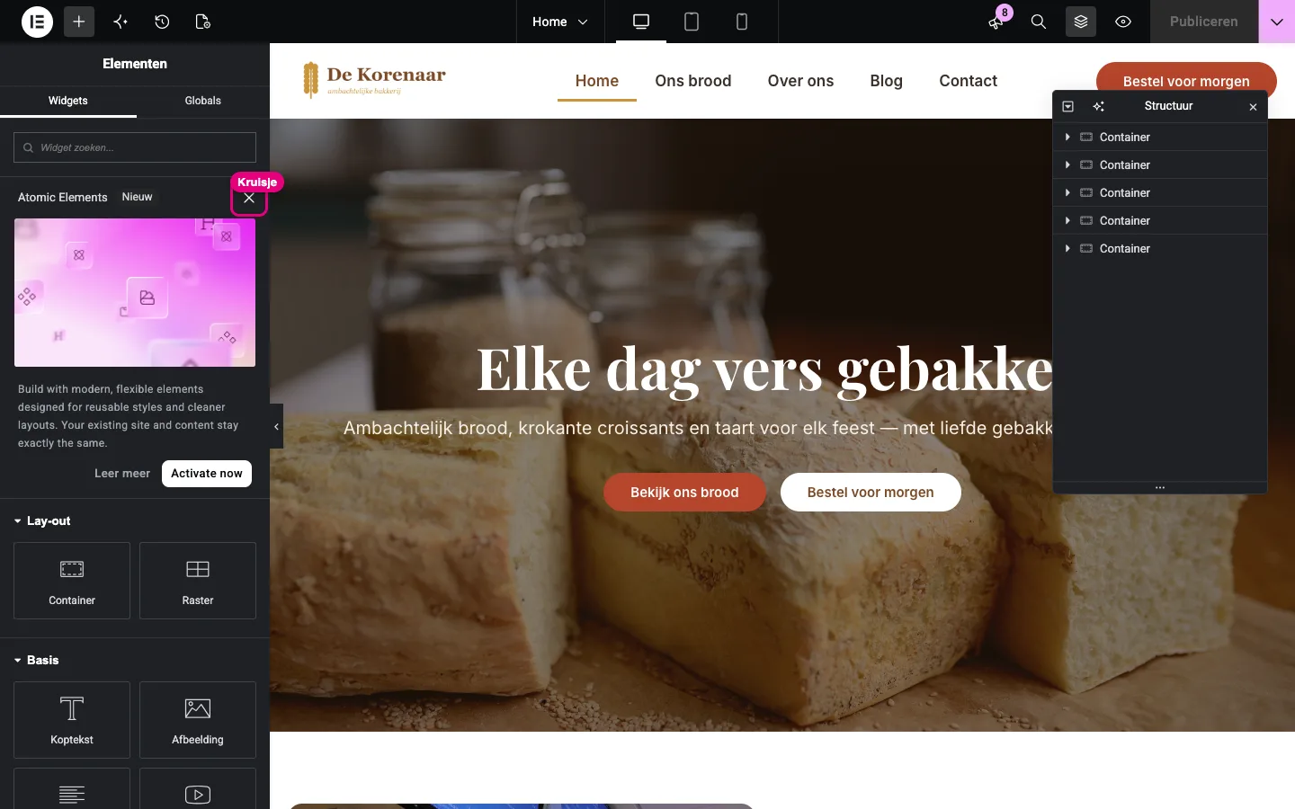 Het widgetpaneel met bovenaan het promokaartje Atomic Elements; het kruisje om het te sluiten is gemarkeerd