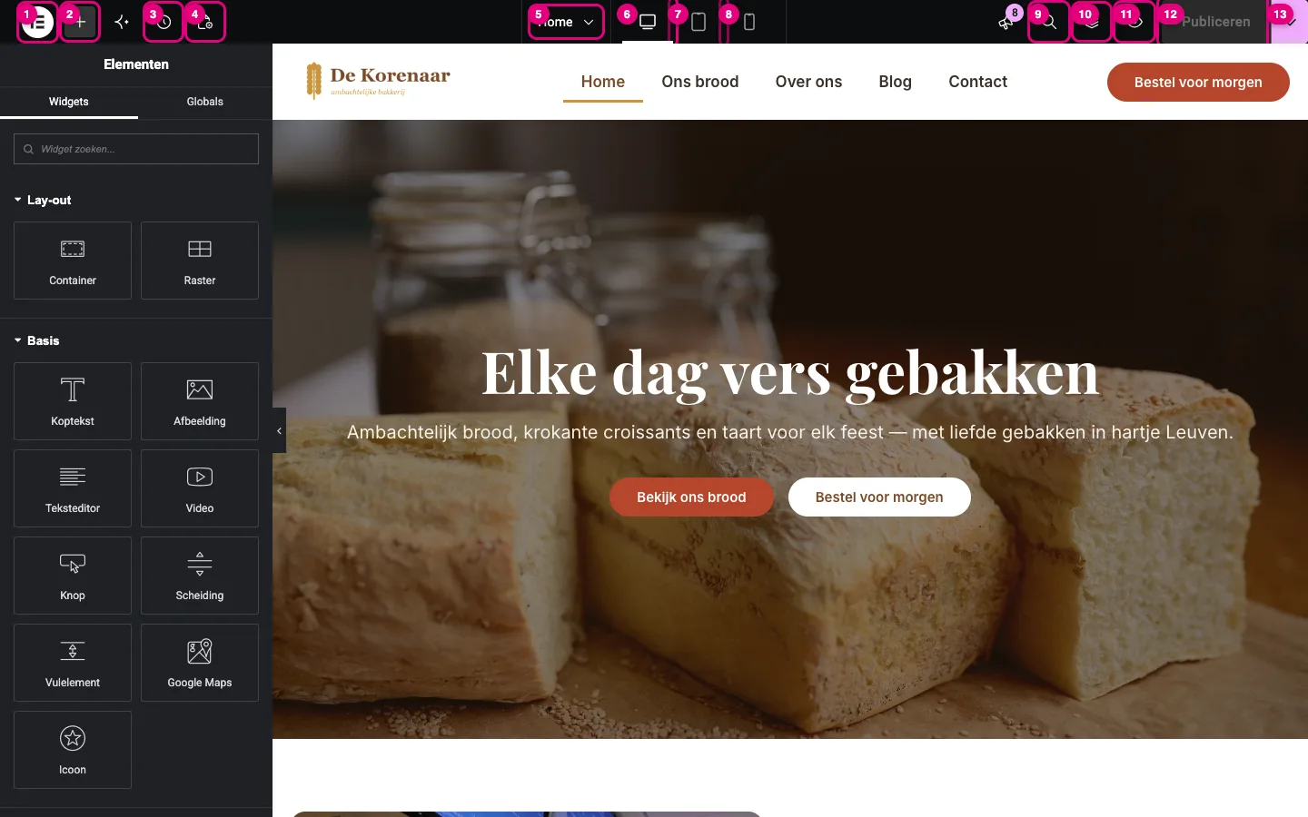 De bovenbalk van de Elementor-editor met dertien genummerde knoppen