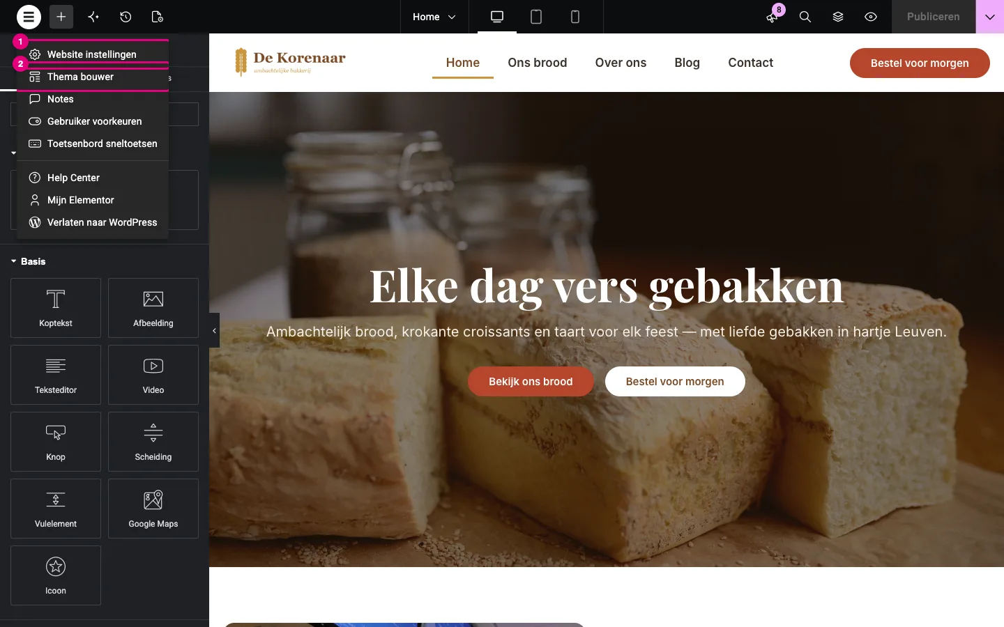 Het geopende menu onder het Elementor-logo met Website instellingen en Thema bouwer gemarkeerd