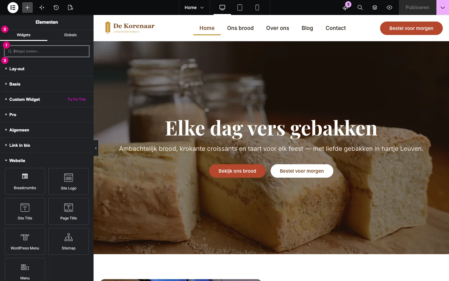 Het widgetpaneel met zoekveld, de tabbladen Widgets en Globals, en ingeklapte categorieën zoals Lay-out, Basis, Pro en Algemeen