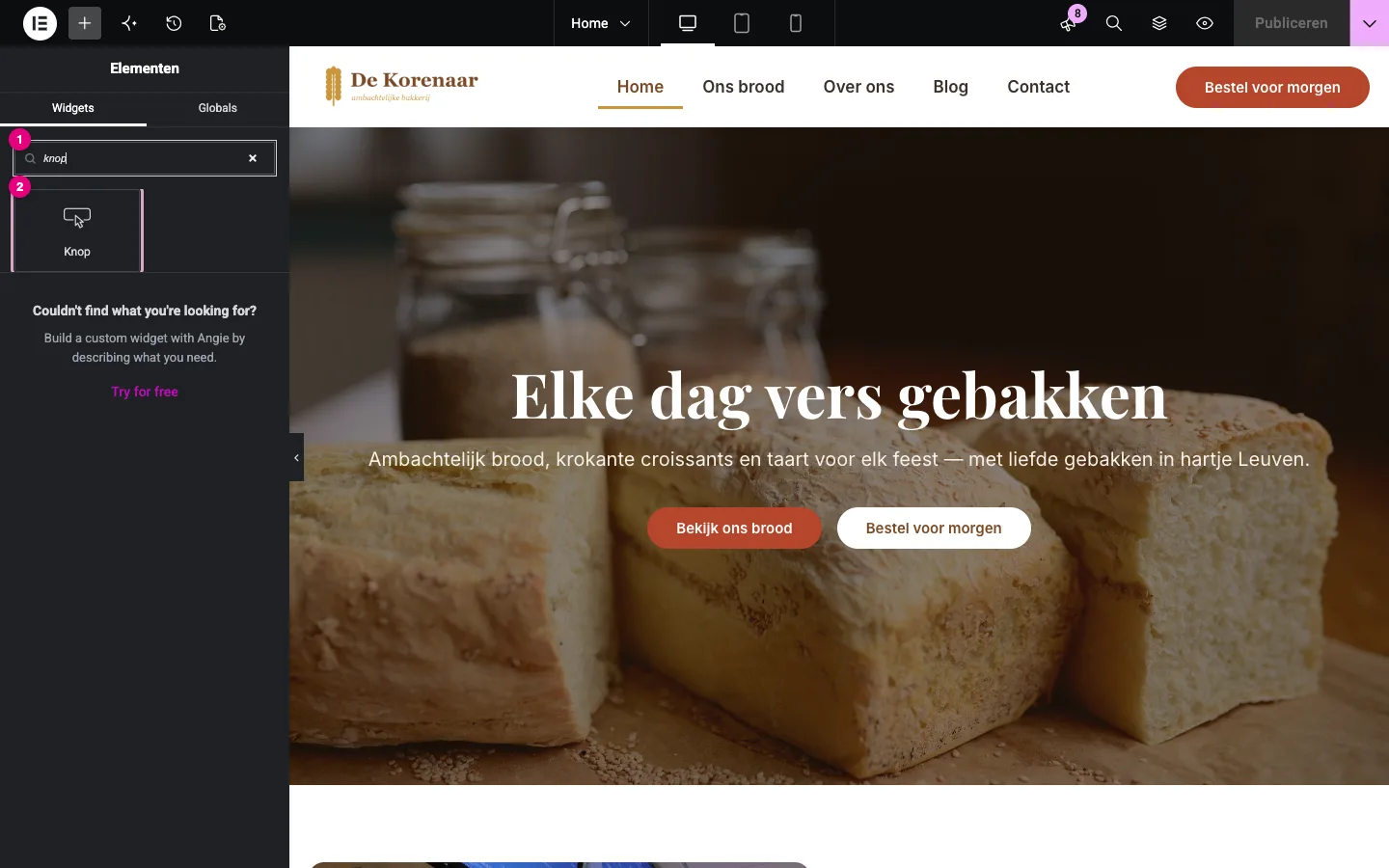 Het zoekveld met het woord knop en als resultaat de widget Knop
