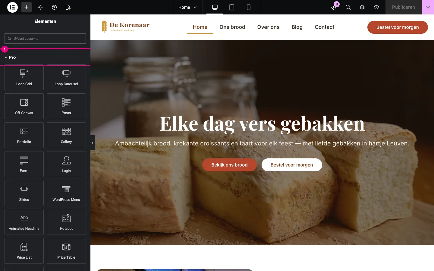 De categorie Pro in het widgetpaneel met widgets zoals Loop Grid, Posts, Form, Slides, Price List en Call to Action