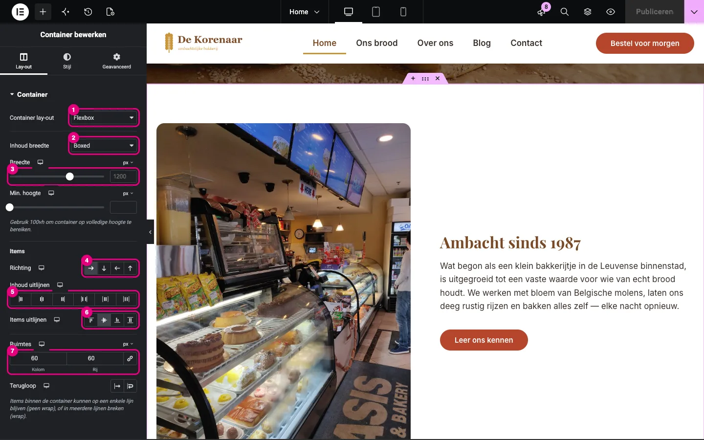 Het tabblad Lay-out van een container met zeven genummerde instellingen