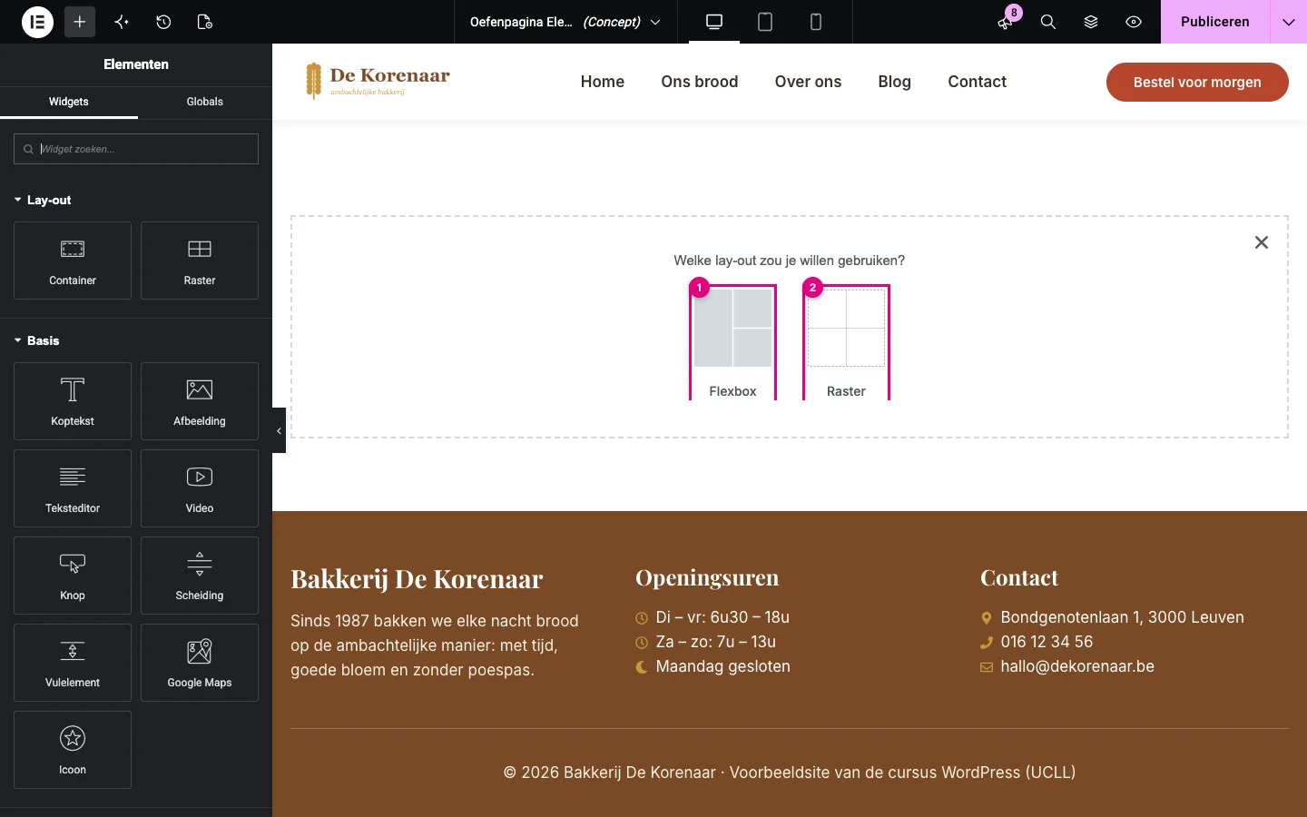 De keuze tussen Flexbox en Raster bij het toevoegen van een container
