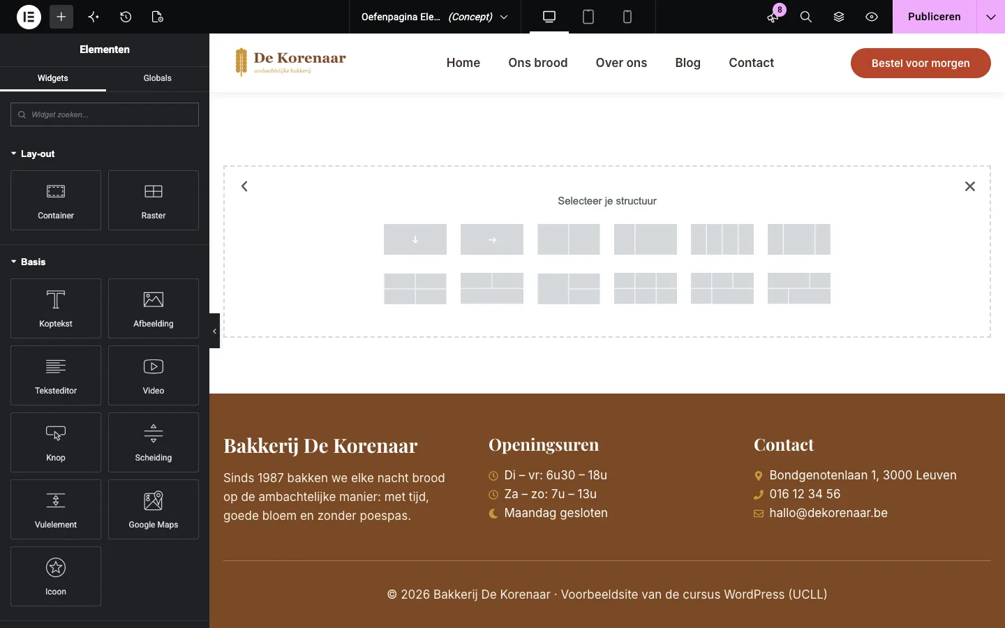 Het venster Selecteer je structuur met twaalf voorgedefinieerde lay-outs