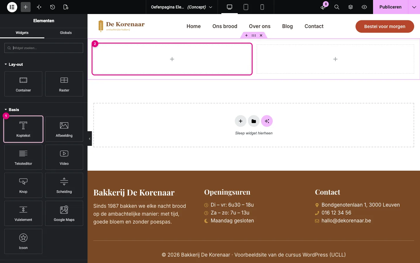 Het widgetpaneel met de widget Koptekst gemarkeerd en in het canvas een container met twee lege vakken, waarvan het linkse gemarkeerd