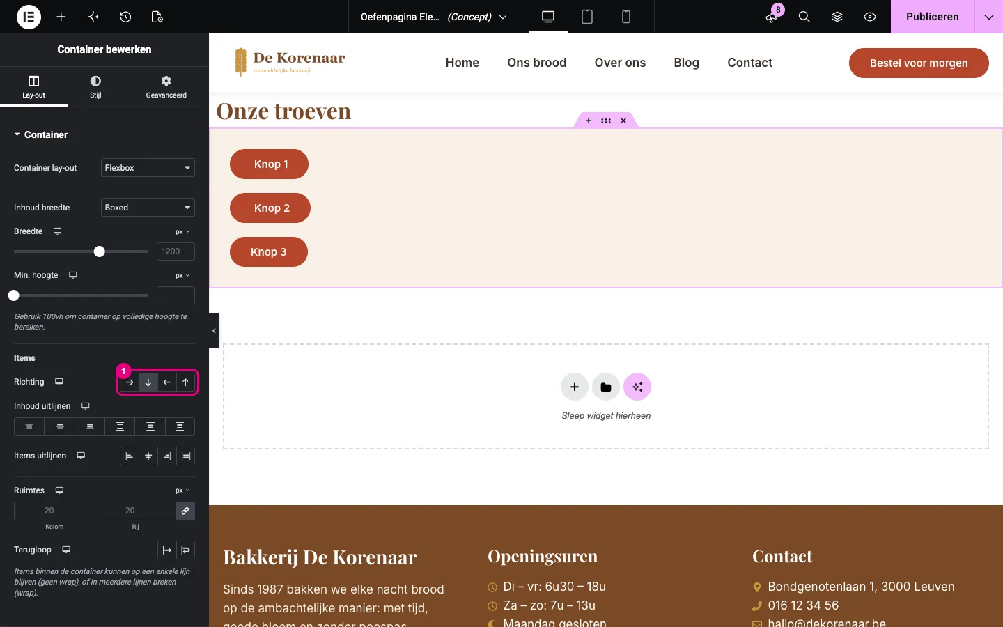 Dezelfde container met de drie knoppen nu onder elkaar; de instelling Richting staat op kolom