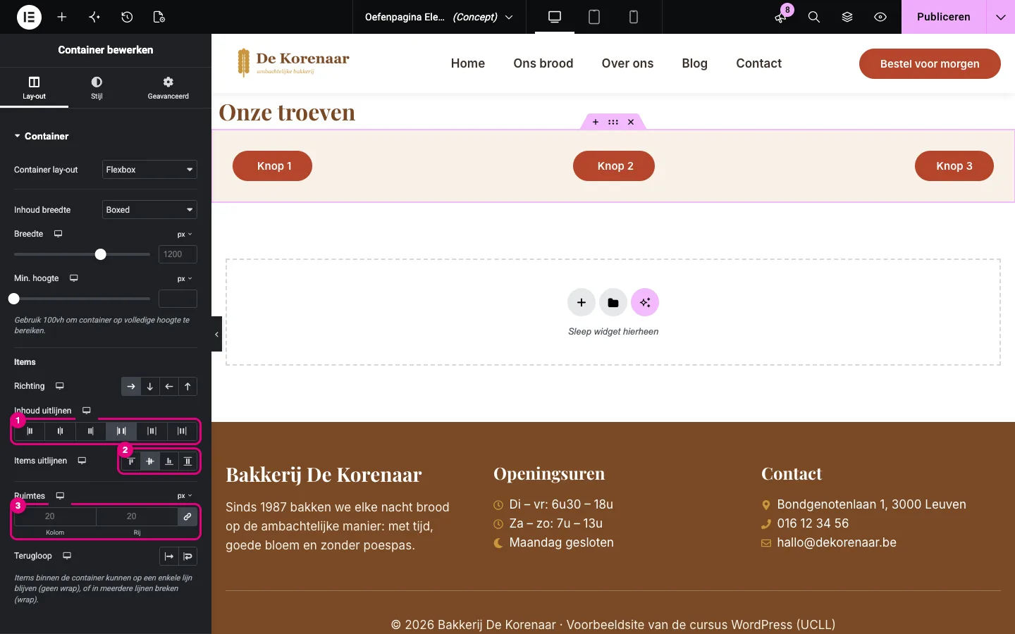 De container met drie knoppen verdeeld over de volle breedte; Inhoud uitlijnen, Items uitlijnen en Ruimtes zijn gemarkeerd
