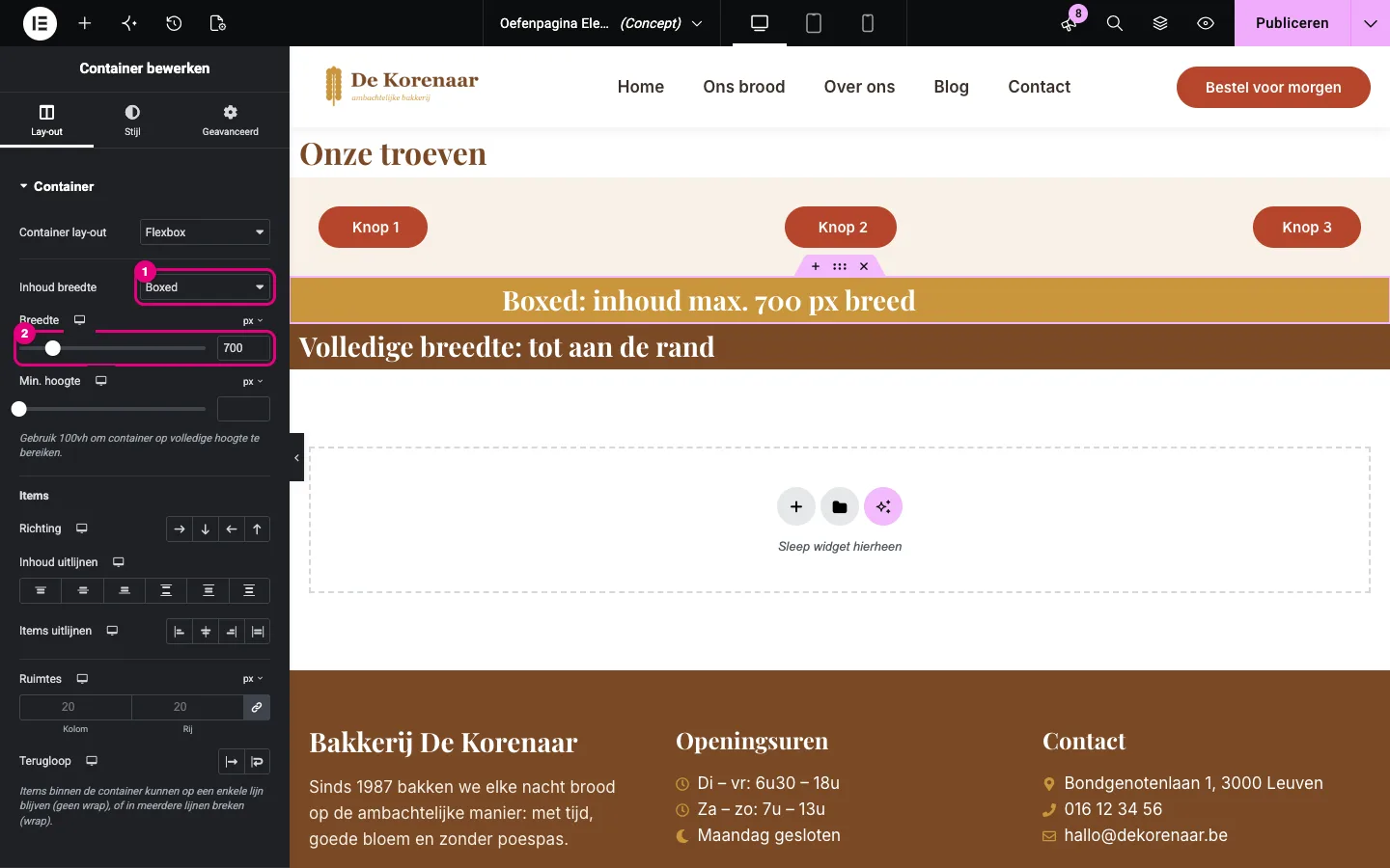 Twee containers met achtergrondkleur: bovenaan een boxed container met de inhoud in het midden, onderaan een container op volledige breedte