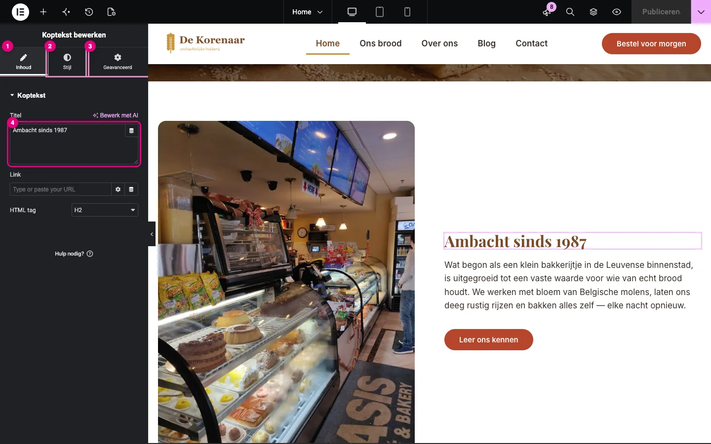 De widget Koptekst geselecteerd met de tabbladen Inhoud, Stijl en Geavanceerd en het veld Titel gemarkeerd