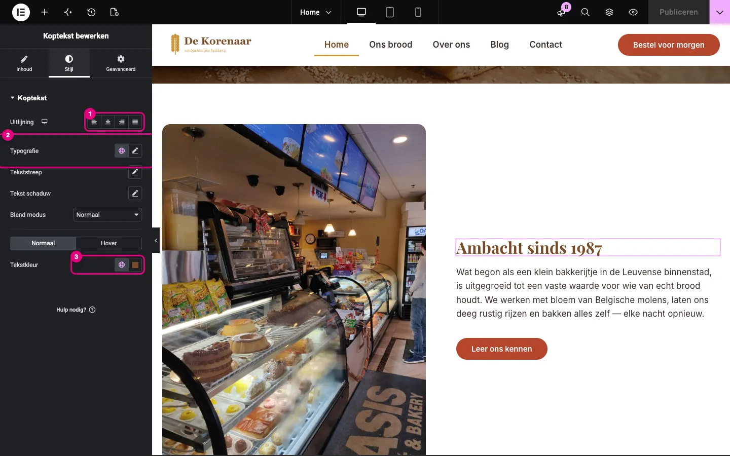 Het tabblad Stijl van de Koptekst met Uitlijning, Typografie en Tekstkleur gemarkeerd