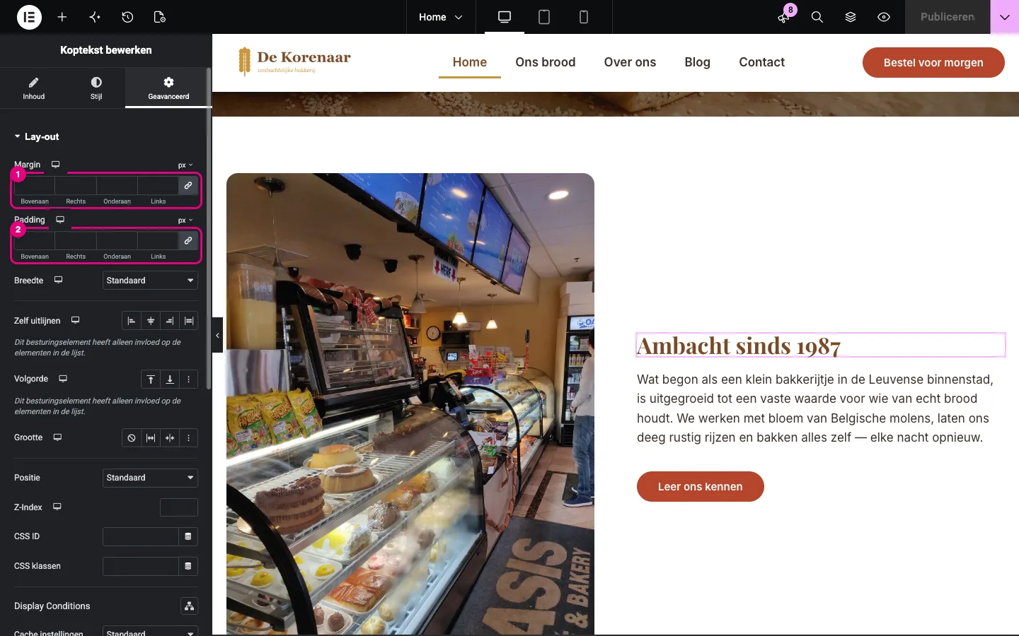 Het tabblad Geavanceerd van de Koptekst met Margin, Padding en de sectie Responsive gemarkeerd