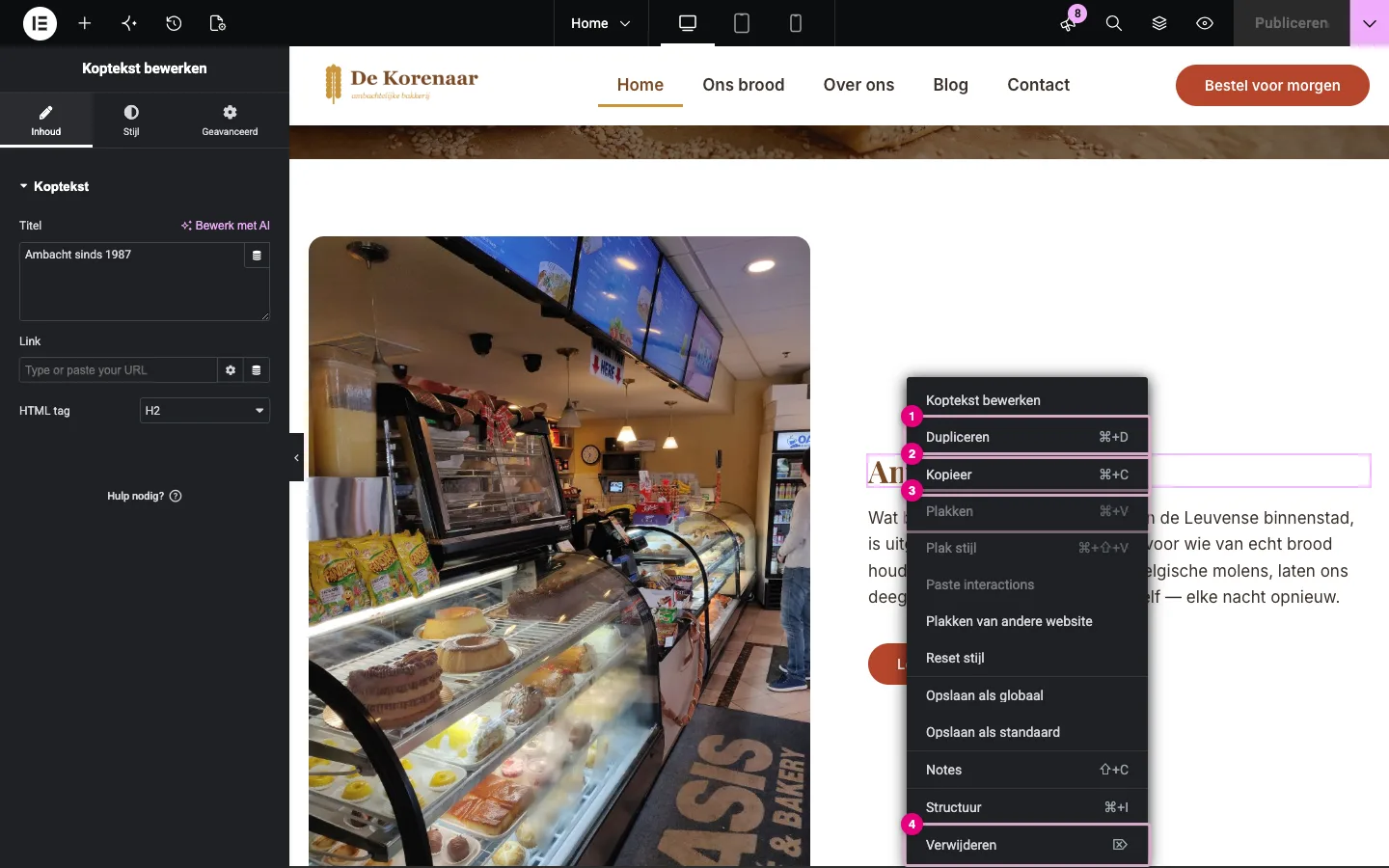 Het rechtermuisklikmenu op een Koptekst met Dupliceren, Kopieer, Plakken en Verwijderen gemarkeerd