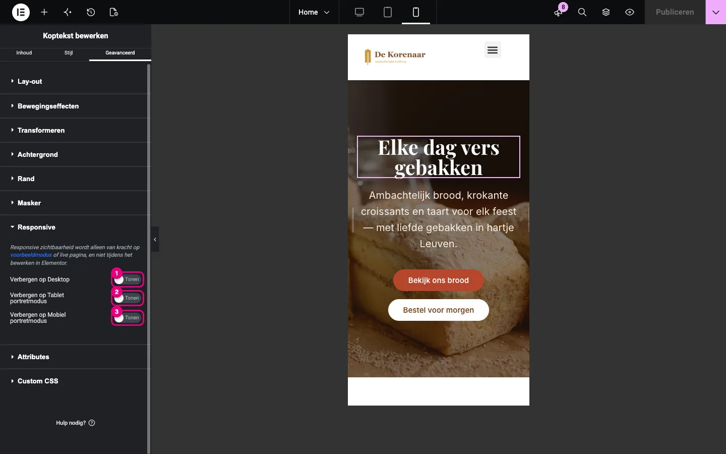 De sectie Responsive op het tabblad Geavanceerd met de schakelaars Verbergen op Desktop, Tablet en Mobiel