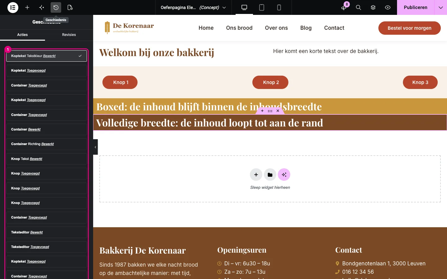 Het tabblad Acties in de Geschiedenis met een lijst van stappen zoals Koptekst Toegevoegd en Container Bewerkt