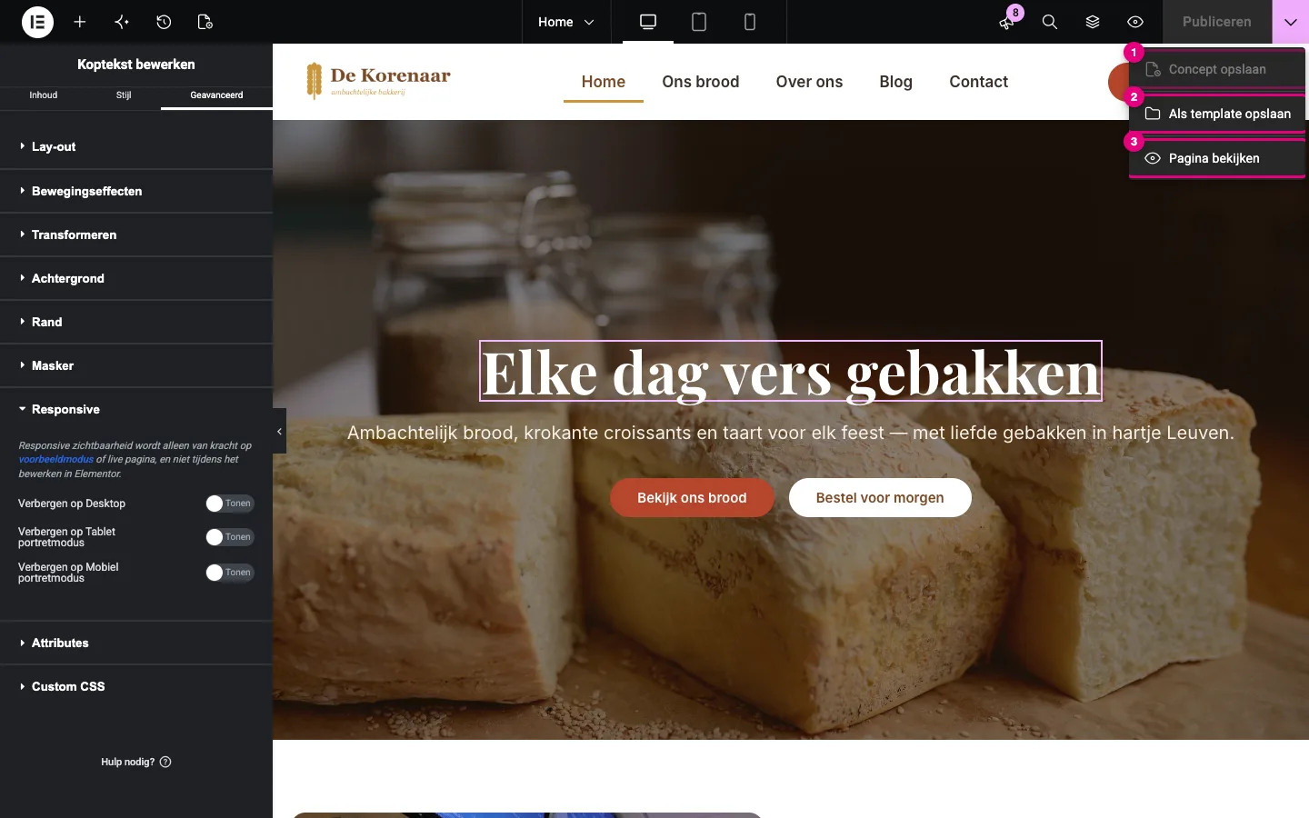 Het uitklapmenu met Concept opslaan, Als template opslaan en Pagina bekijken