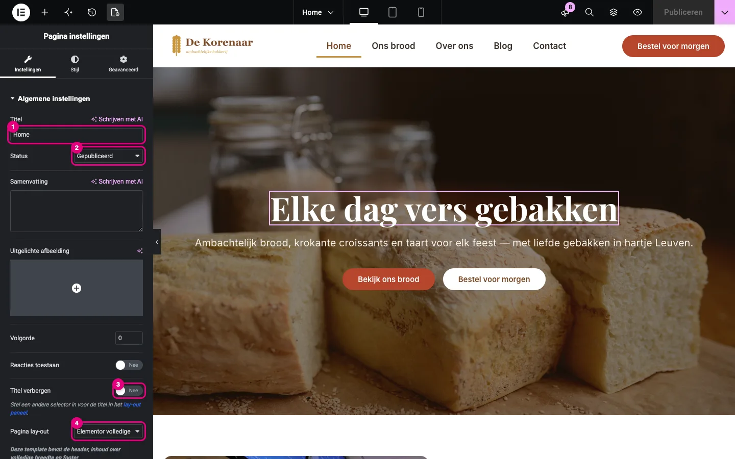 Het paneel Pagina instellingen met Titel, Status, Titel verbergen en Pagina lay-out gemarkeerd