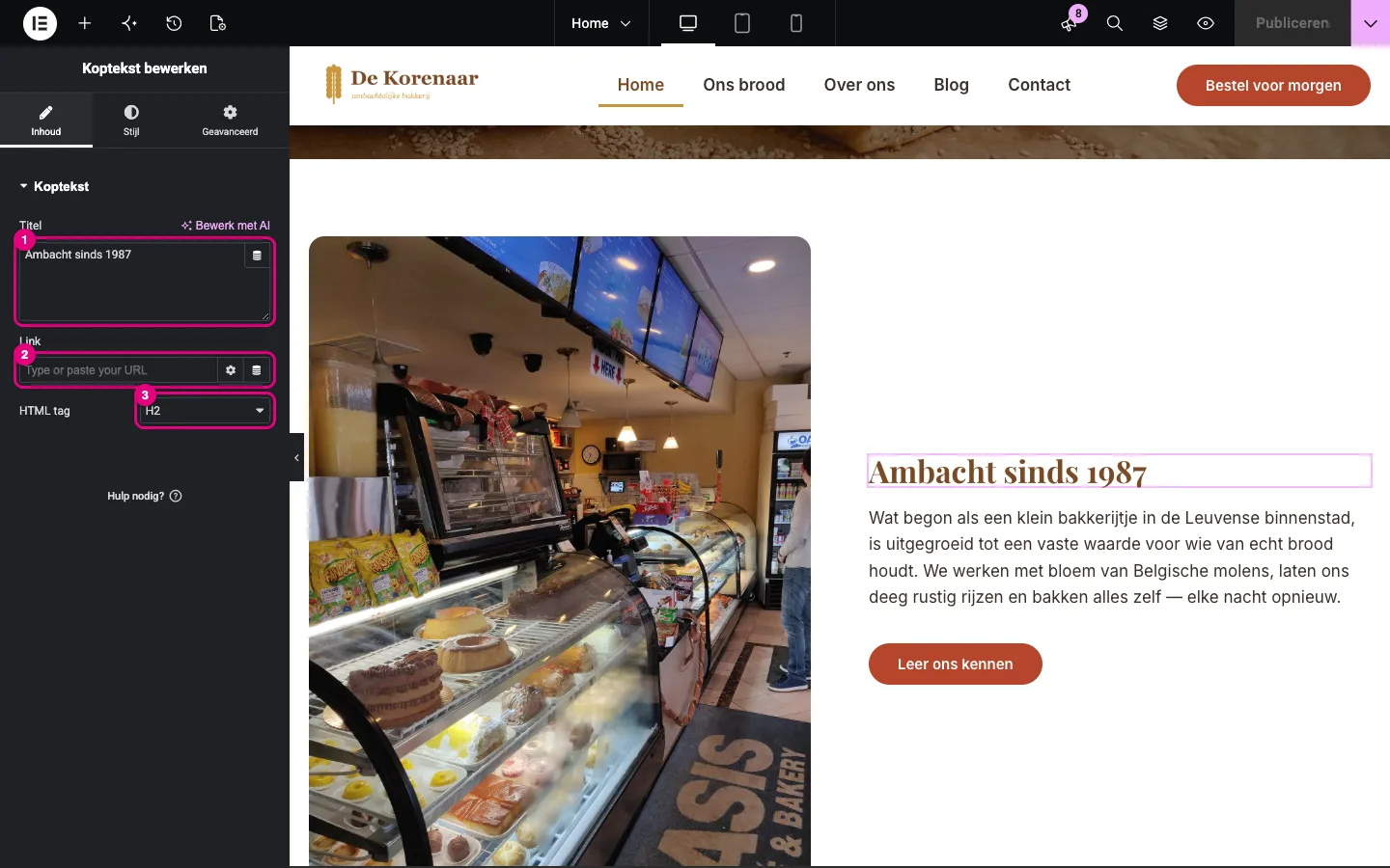De widget Koptekst met de velden Titel, Link en HTML tag gemarkeerd