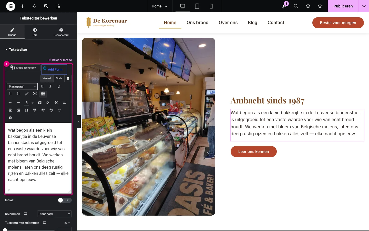 De widget Teksteditor met de tekstverwerker en de werkbalk voor vet, cursief, lijsten en links