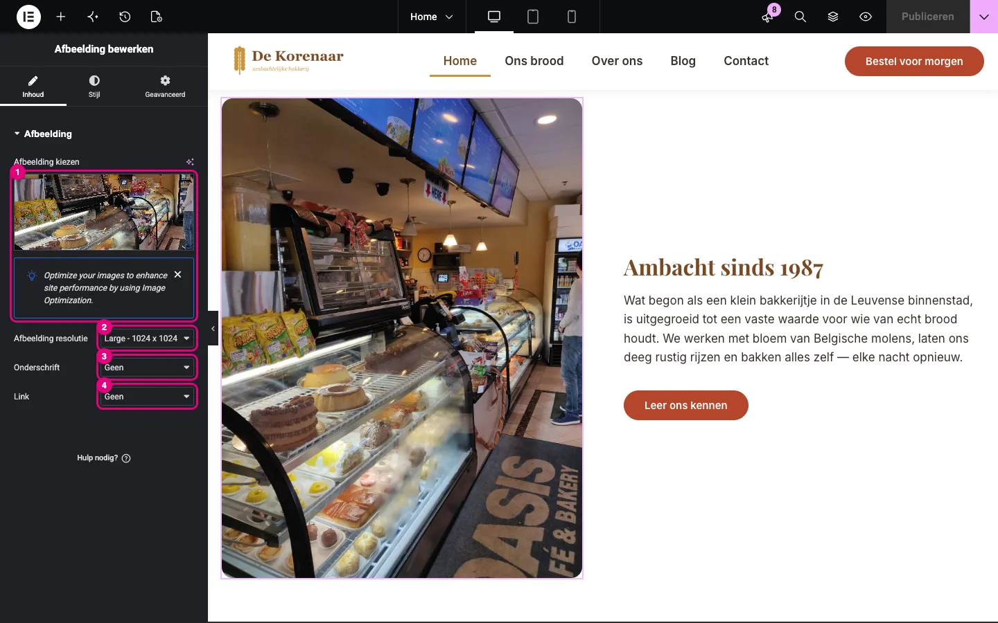 De widget Afbeelding met Afbeelding kiezen, Afbeelding resolutie, Onderschrift en Link gemarkeerd