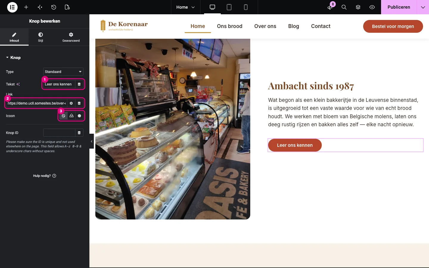 De widget Knop met Tekst, Link en Icoon gemarkeerd