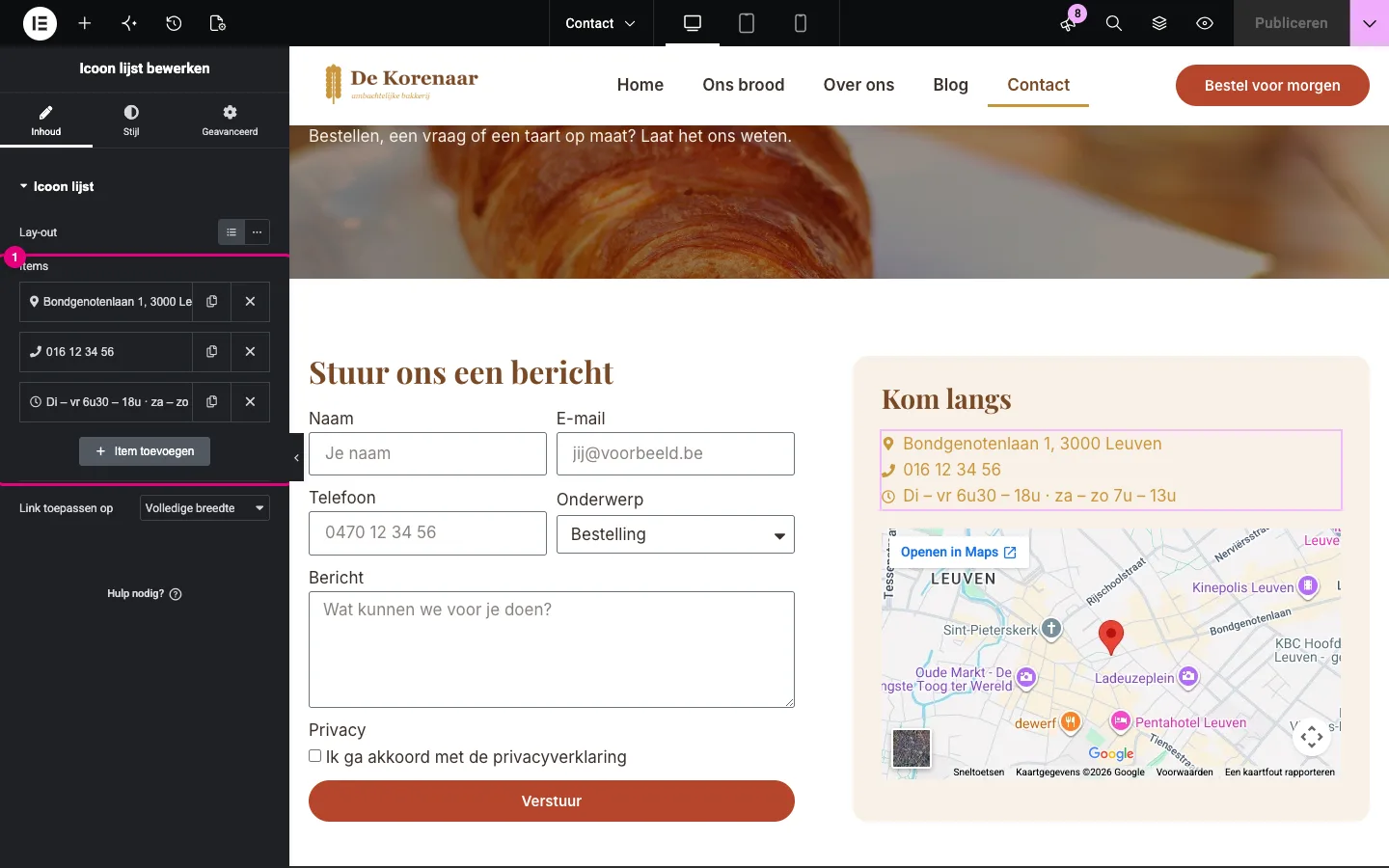 De widget Icoon lijst op de contactpagina met de lijst van items gemarkeerd