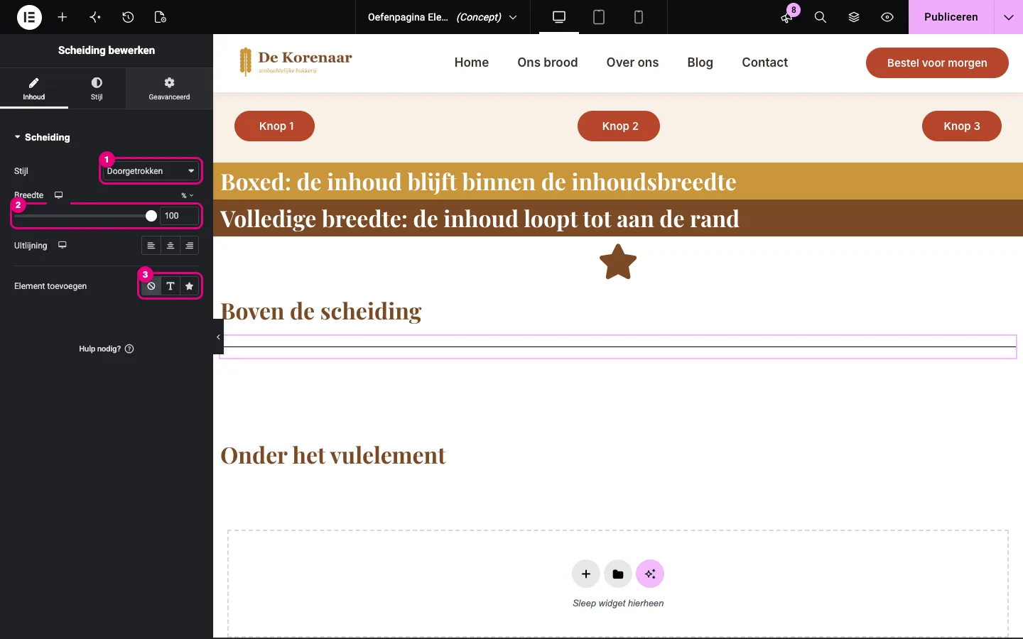 De widget Scheiding met Stijl, Breedte en Element toevoegen gemarkeerd