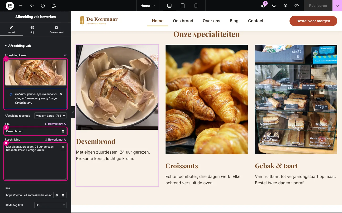 De widget Afbeelding vak met de afbeelding Desembrood, het veld Titel en het veld Beschrijving gemarkeerd